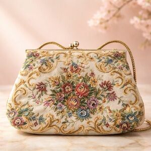 Vintage-Inspired Floral Tapestry Evening Bag in Cream